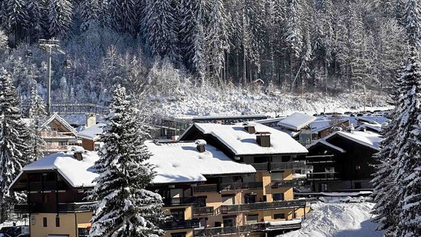 A snow-covered lodge with multiple buildings, surrounded by trees and a ski slope. - Studio for 4 at the foot of the slopes, balcony, ski locker, TV (Les Carroz d'Arâches)