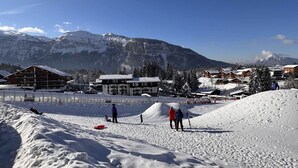Ein Skigebiet mit schneebedeckten Pisten, Gebäuden mit Holzhäusern und einem Berg im Hintergrund.