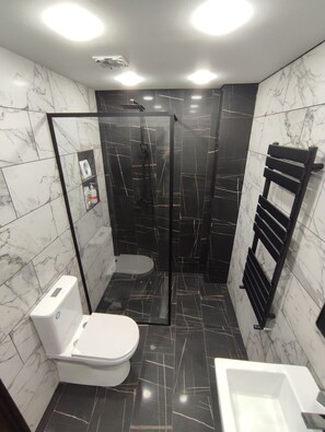 Shower, hair dryer, towels, soap
