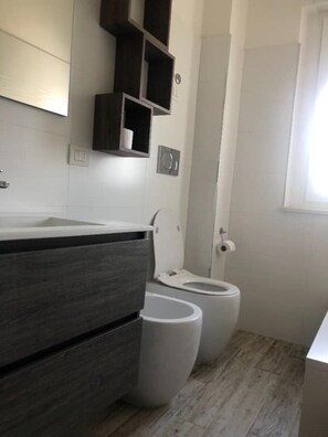 Douche, sĂšche-cheveux, bidet, serviettes fournies