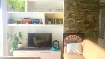 A living room with a sofa, television, and a bookshelf.