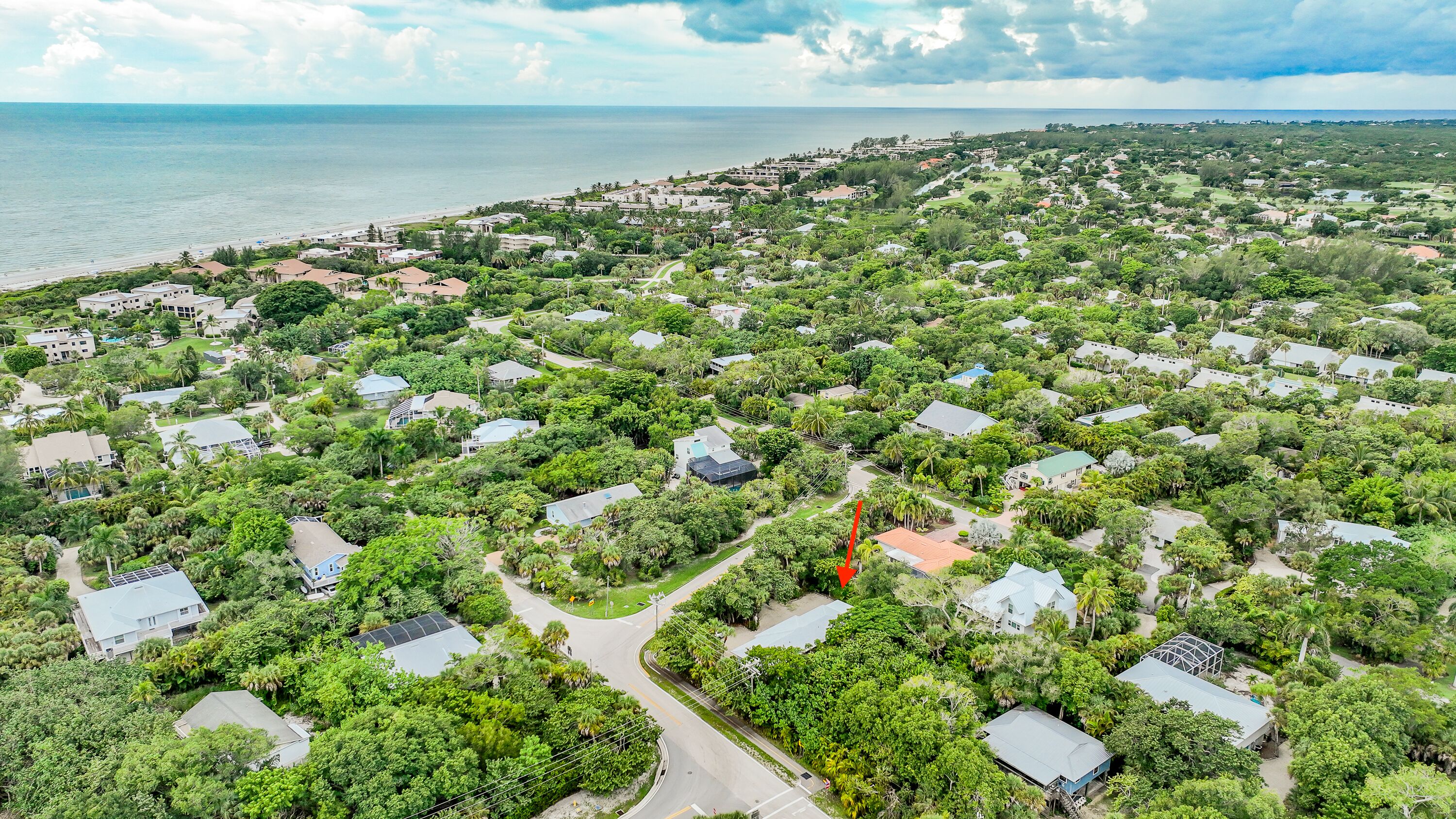 An aerial view of a residential area with houses surrounded by lush greenery, a road, and a beach in the background.