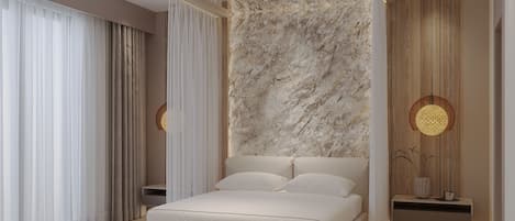 A modern bedroom with a bed, a marble wall, and a wooden panel wall.