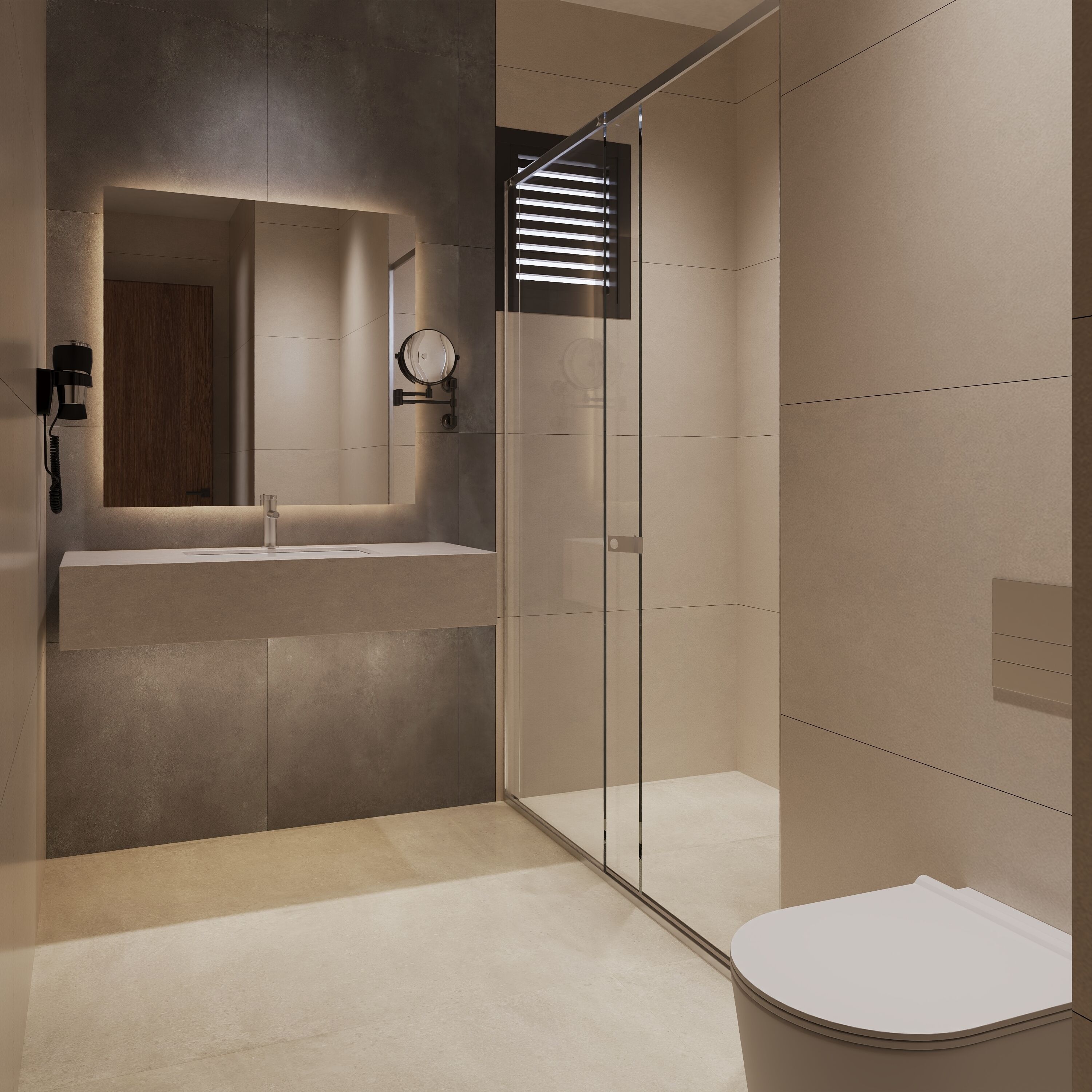 A modern bathroom with a glass shower enclosure, a vanity with a mirror, and a toilet.