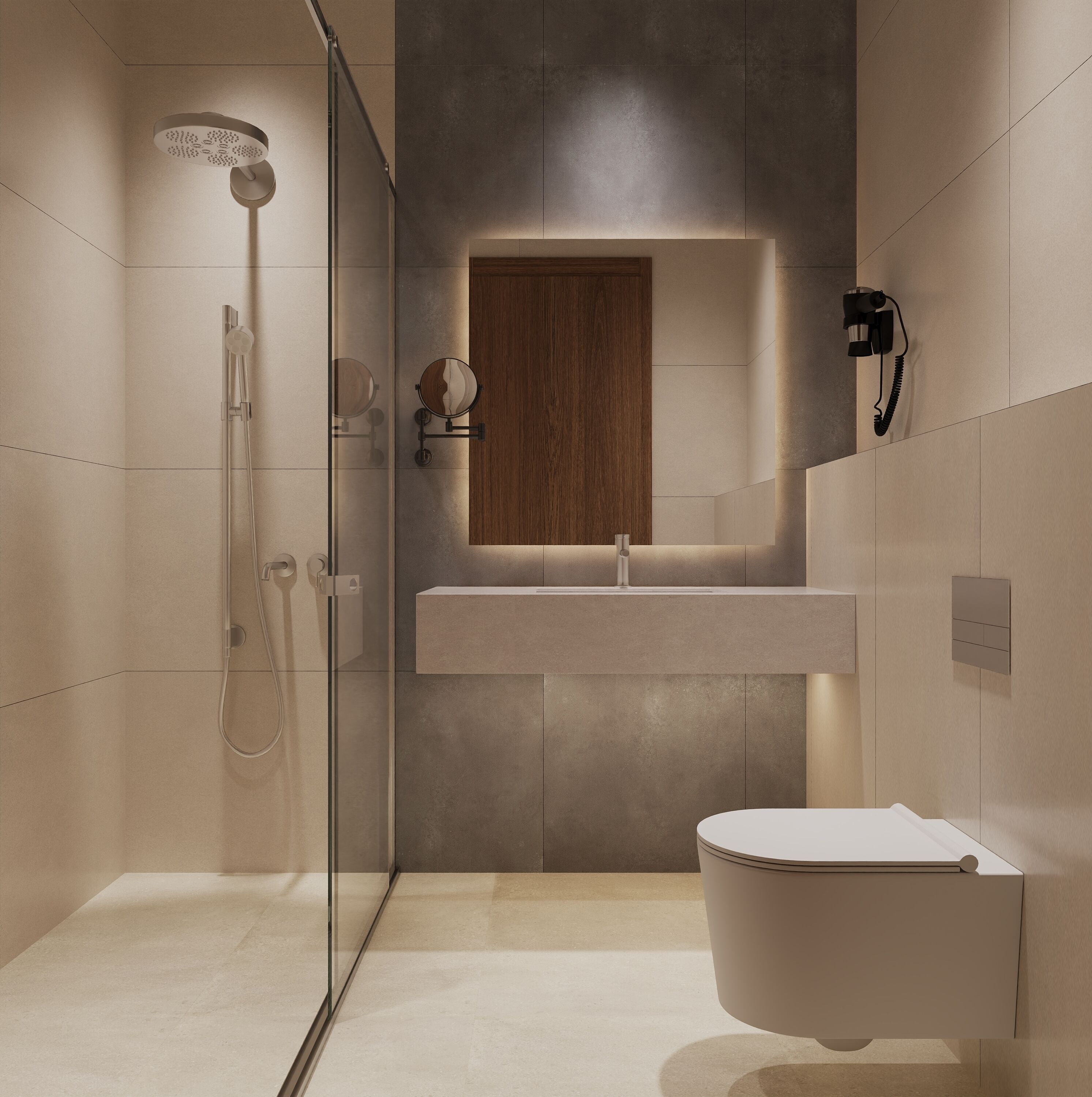 Un baño moderno con ducha envuelta en vidrio, tocador de madera y un inodoro blanco.