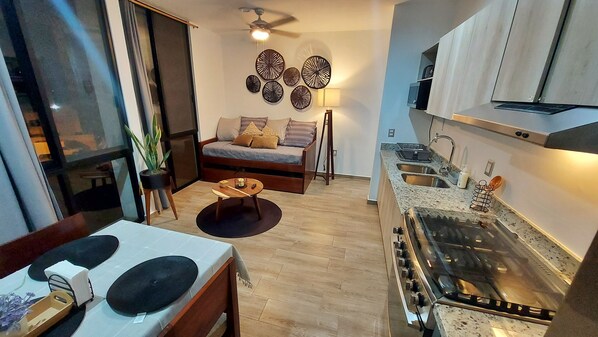 Fridge, microwave, oven, stovetop