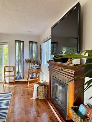 تلفزيون ذكي، مدفأة، كُتُب، مكتبة موسيقى