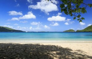 On the beach, sun-loungers, beach towels