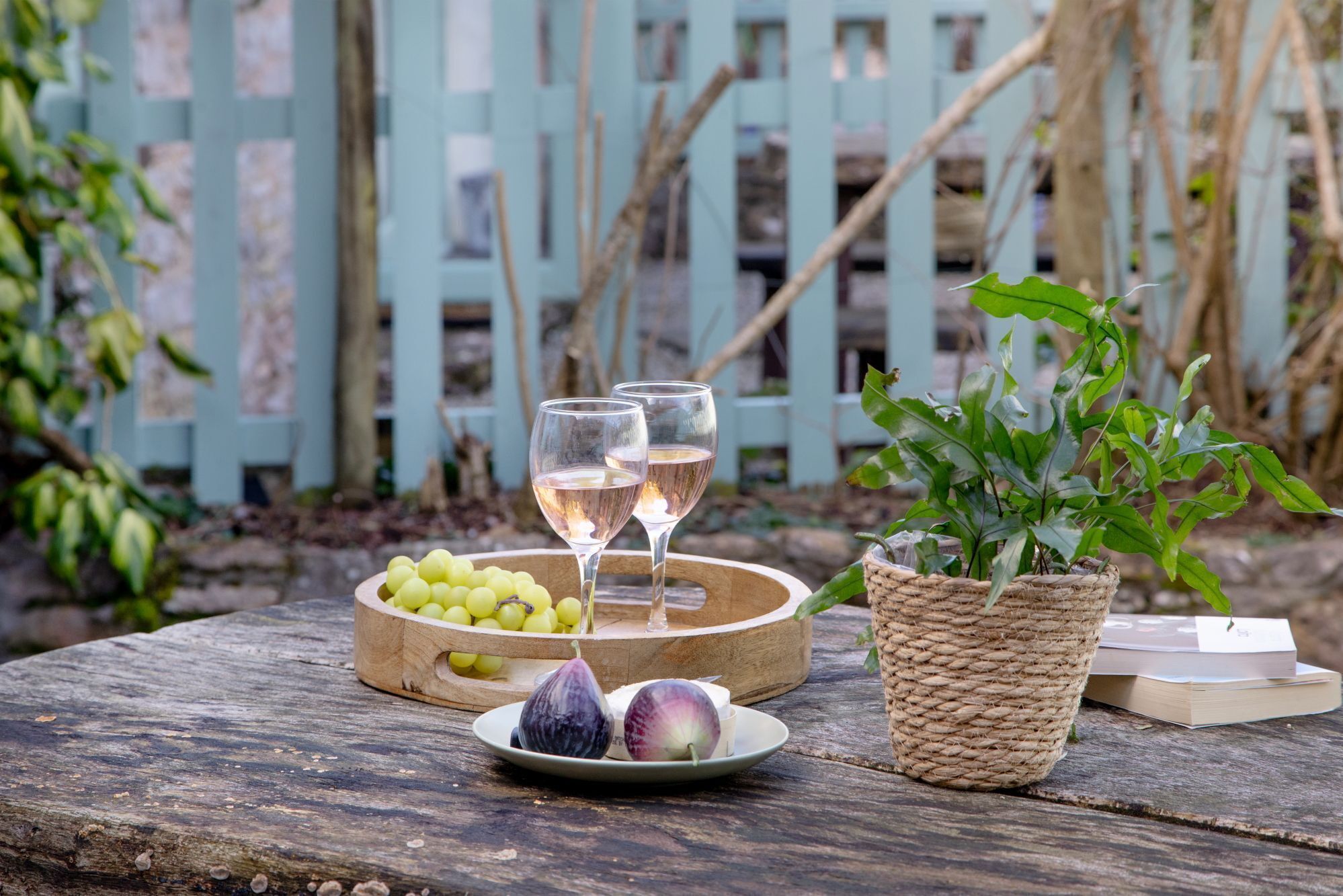 A wooden table with a bowl of green grapes, a plate with purple figs, and three glasses of white wine.