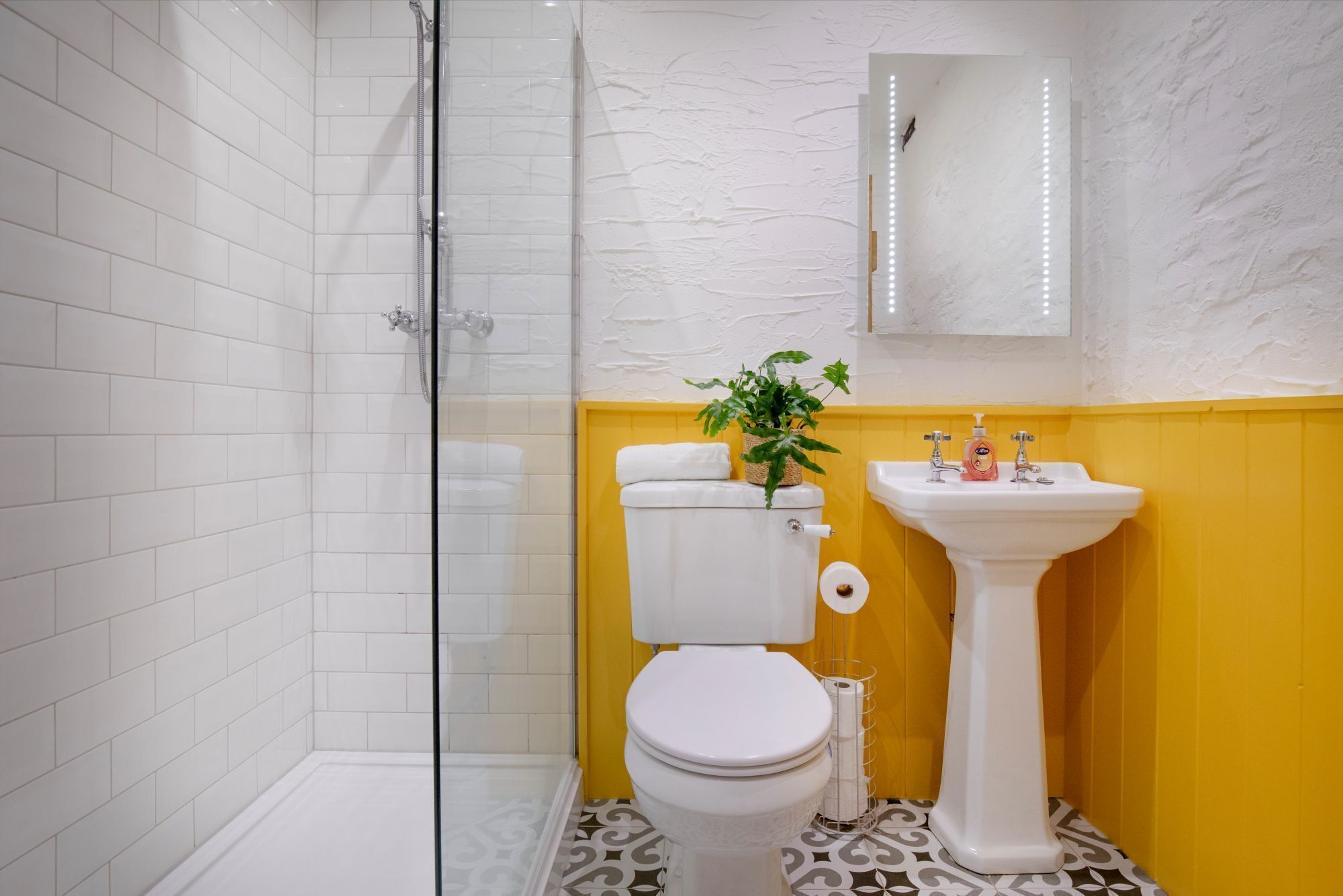 Een badkamer met een douchecabine van glas, een toilet met een plant erop en een wastafel met een spiegel erboven.
