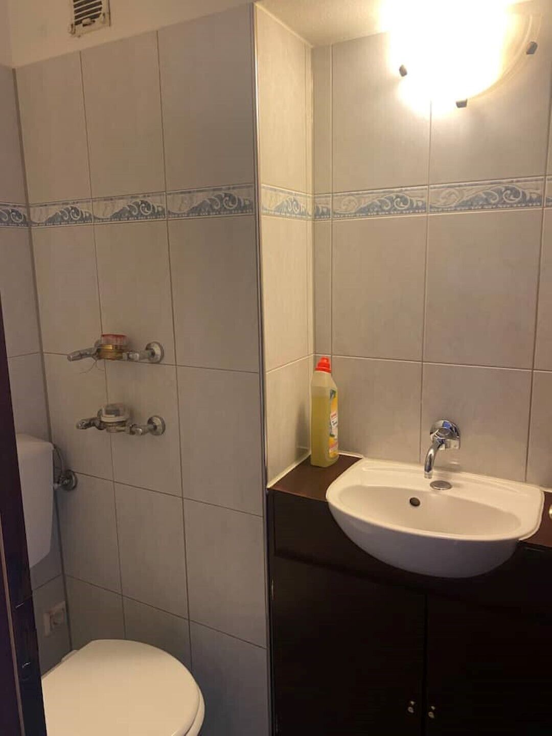 A bathroom with a toilet, a sink, and a shower.