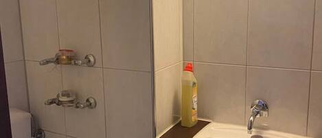 A bathroom with a toilet, a sink, and a shower.