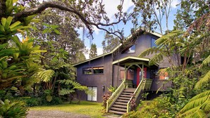 A modern house surrounded by lush greenery. - Halehikiola: 1  BR, 2  BA House in Volcano, Sleeps 6 (Volcano)