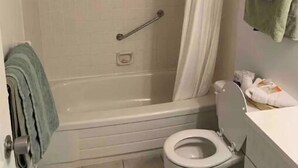 Une salle de bain avec une douche, des toilettes et un porte-serviettes.