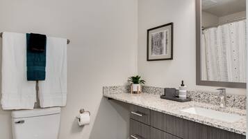 Combined shower/bathtub, hair dryer, towels, soap