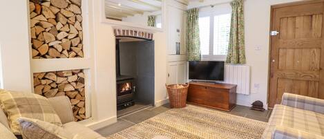 A cozy living room with a fireplace, a television, and a wooden door.