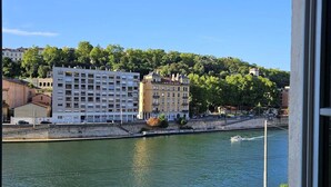 A view of a river with buildings and a cyclist on a bridge. - LE LOFT ETHNIC - Grand Studio avec magnifique vue (Lyon)