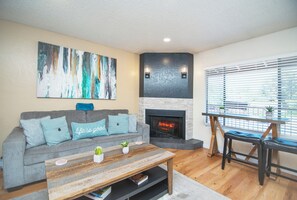 Smart TV, fireplace, DVD player, books
