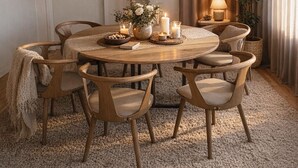 Comedor con una mesa redonda, seis sillas, lámpara colgante, planta en maceta y una puerta al fondo.