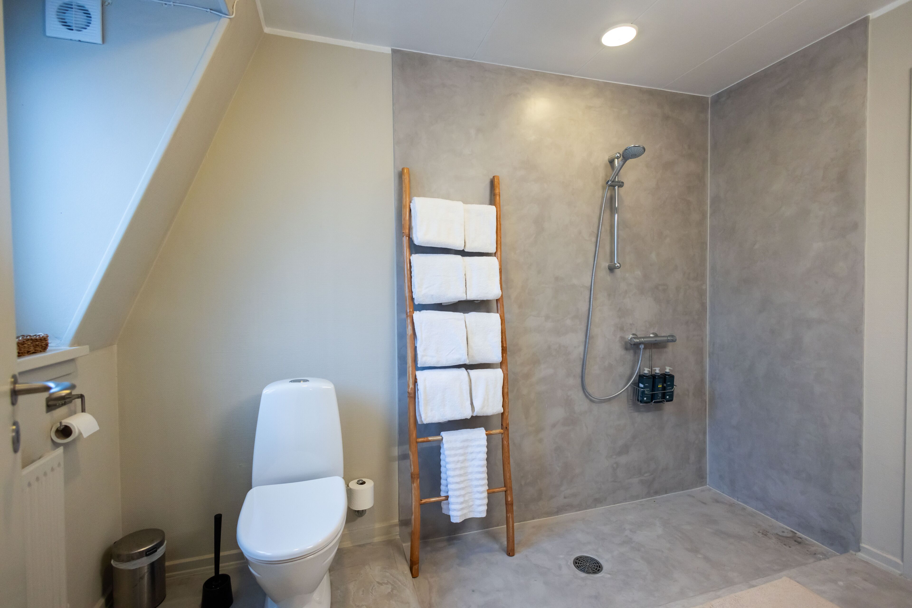 A modern bathroom with a shower, toilet, and towel rack.