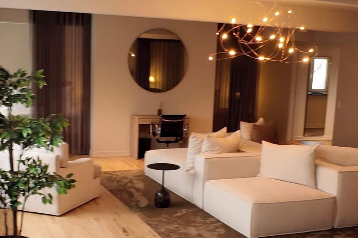 A modern living room with a sofa, a dining table, and a potted plant.