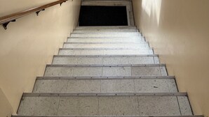 A narrow stairway with a handrail, leading to a door at the top. - Downtown Getaway 2 (Michigan City)