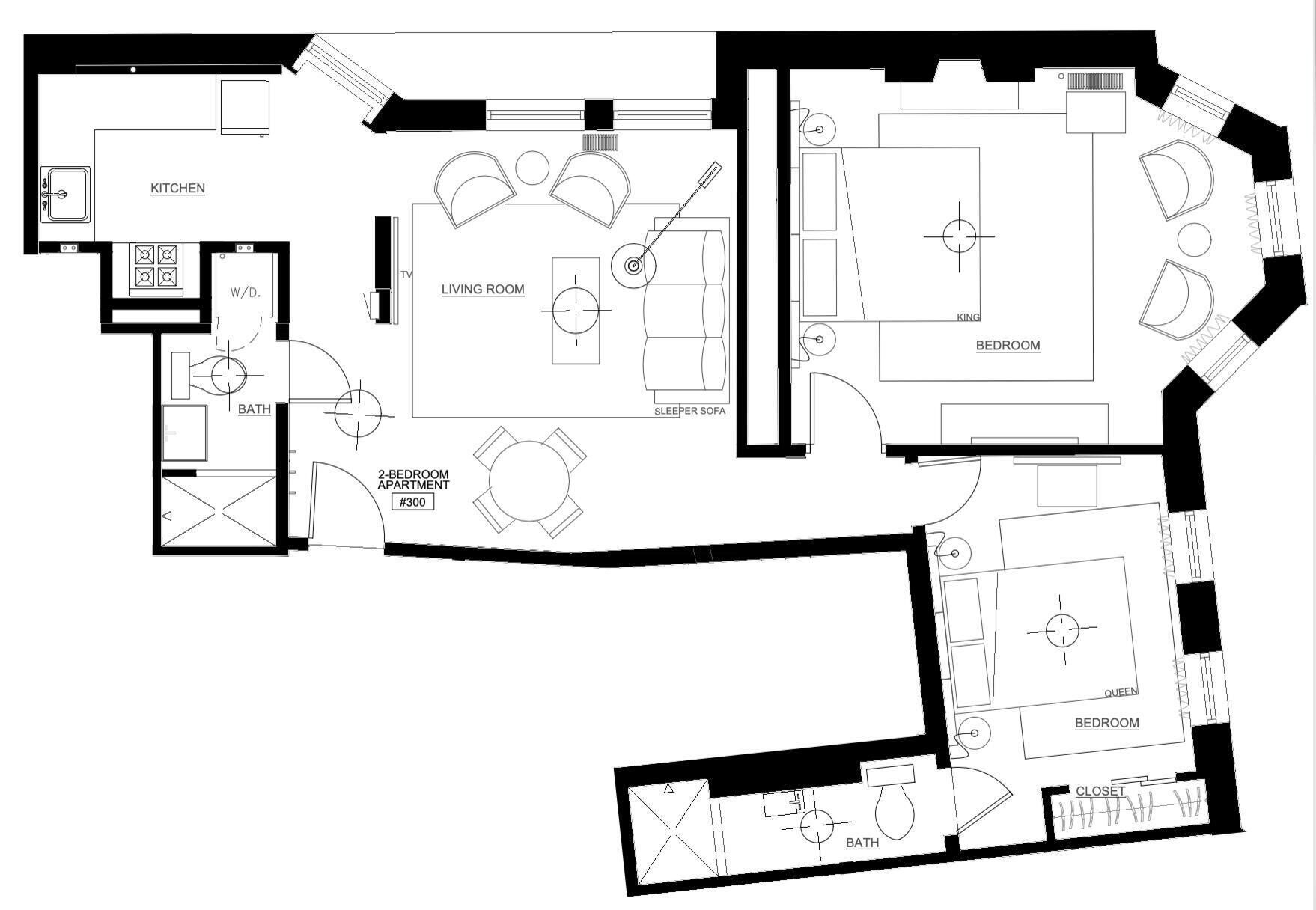 Distribución de un apartamento de dos habitaciones, que incluye cocina, sala de estar, dos dormitorios, un baño y un armario.