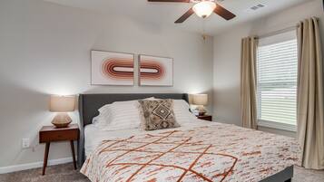 1 bedroom, desk, blackout curtains, iron/ironing board