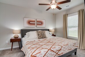 1 bedroom, desk, blackout curtains, iron/ironing board