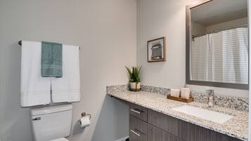 Combined shower/bathtub, hair dryer, towels, soap