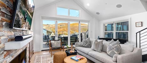 TV, fireplace, books, stereo