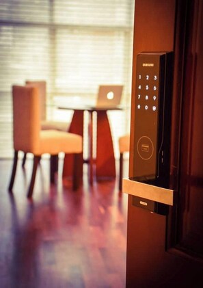 Convenient access to all floors, with a comfortable seating area nearby.