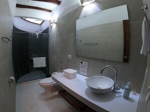 Un baño moderno con un espejo grande, un lavabo, un inodoro y una zona de ducha.