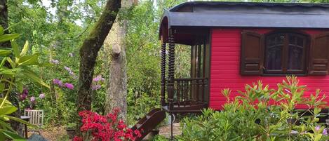 Une cabane rouge avec un porche, entourée d’une végétation luxuriante et de plantes en fleurs.
