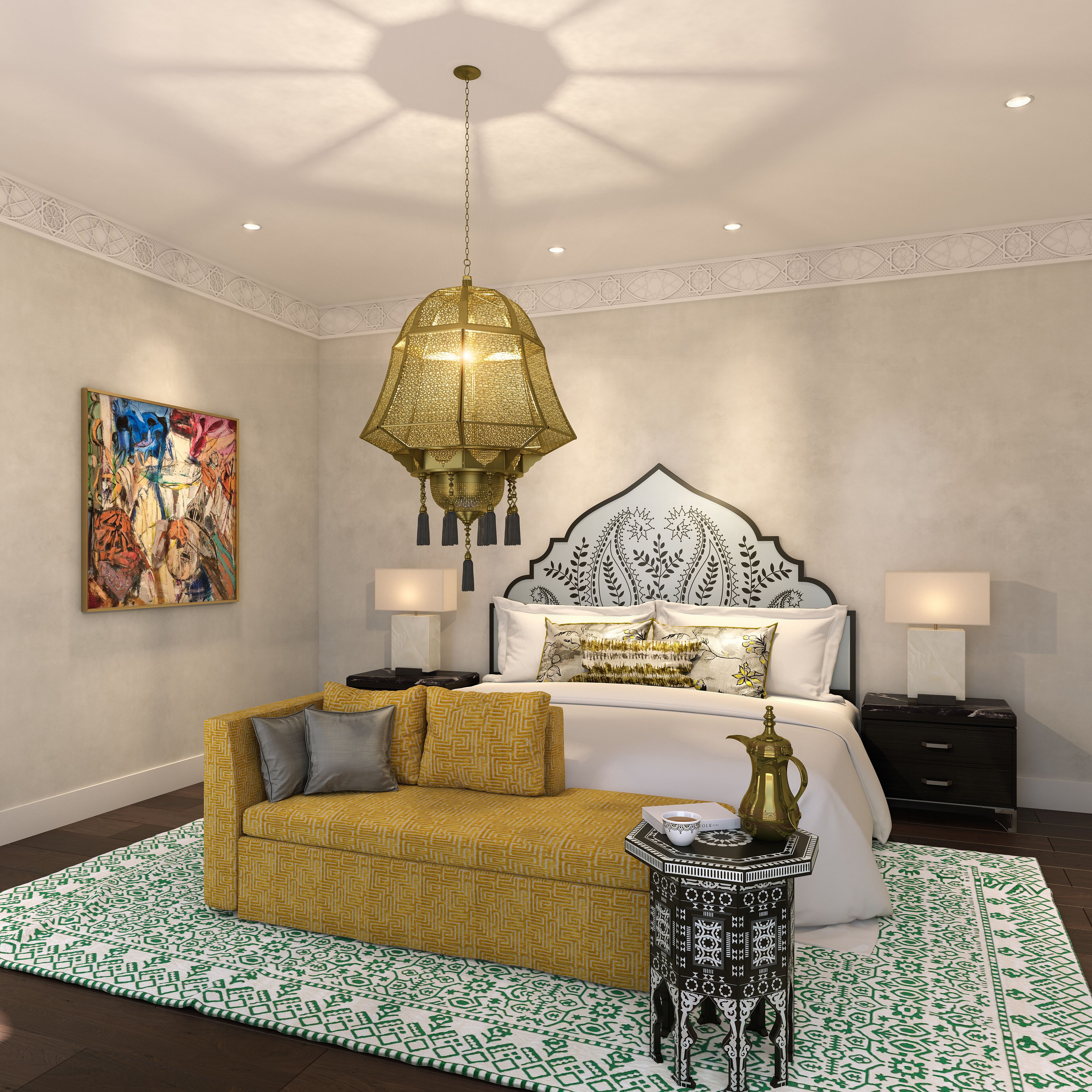 A modern bedroom with a large bed, a hanging lamp, a side table, and a colorful painting on the wall.