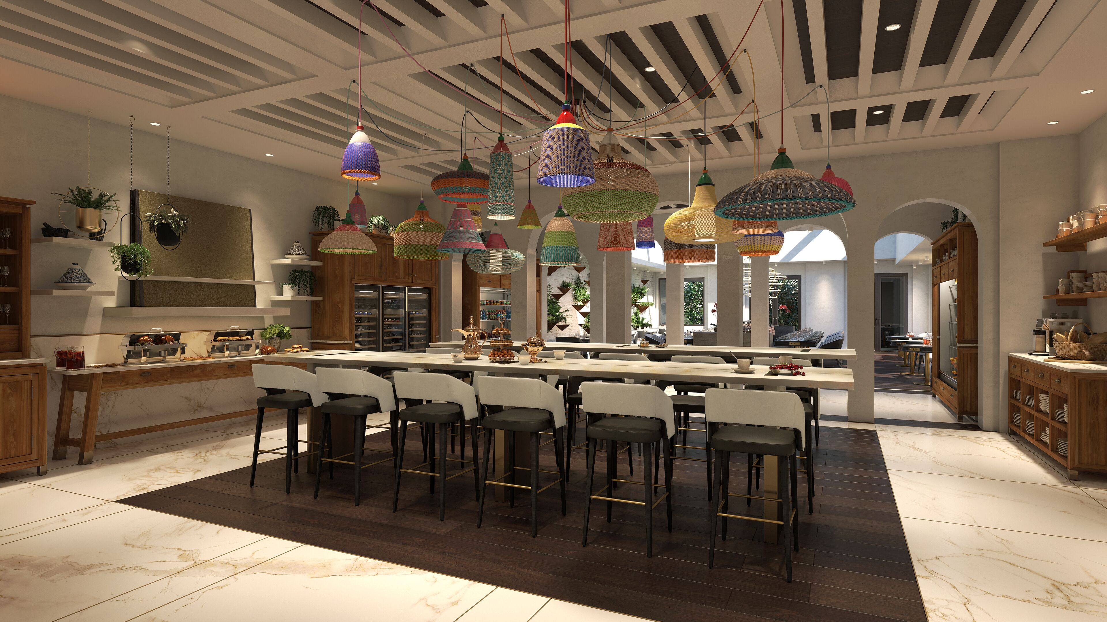 Una cocina amplia con una isla central, varias lámparas colgantes y un diseño de techo moderno.