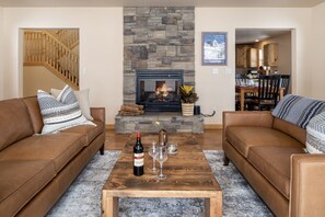 Smart TV, fireplace, books, video library