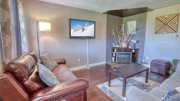 Smart TV, fireplace, books, stereo