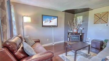 Smart TV, fireplace, books, stereo