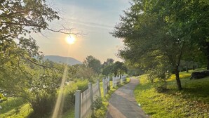 A paved pathway flanked by a white fence and lush greenery, leading towards a sunlit horizon.