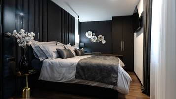 Premium bedding, memory foam beds, desk, laptop workspace