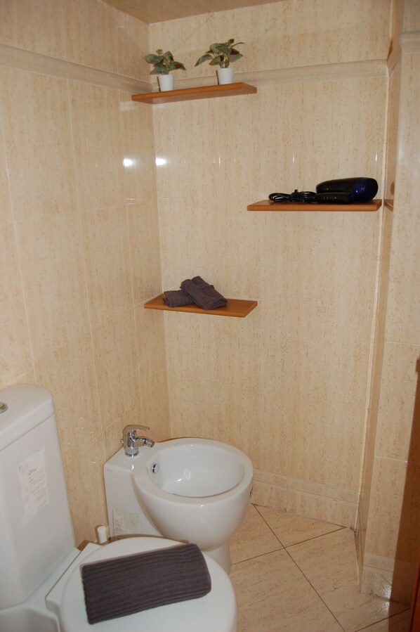 Un baño con inodoro, bidé y lavamanos. Hay dos estantes, uno con una planta y otro con una toalla.