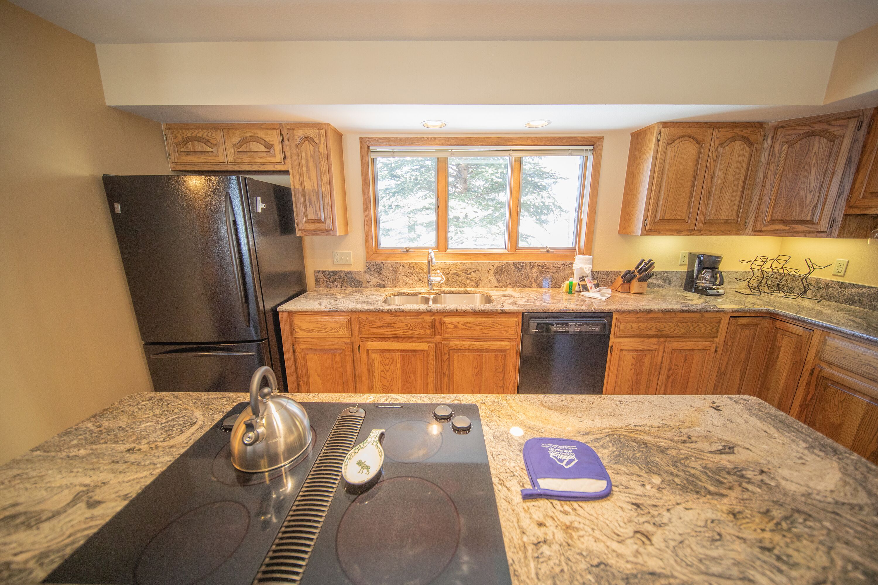 A kitchen with wooden cabinets, a black refrigerator, a built-in stove, and a window above the sink.