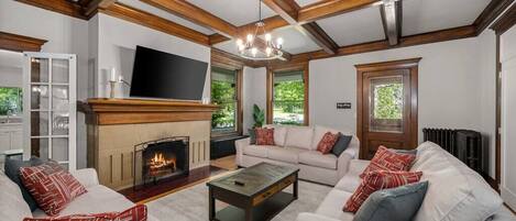 Télévision, cheminée, livres