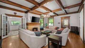 TV, fireplace, books