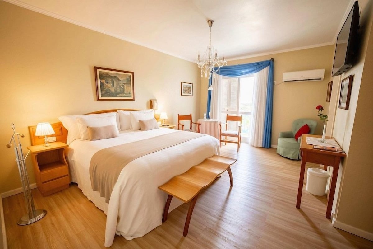 Habitación de hotel con una cama grande, mesitas de noche, un escritorio, una silla, televisión y ventana con cortinas.
