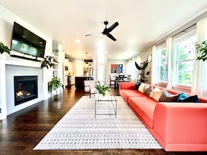 Smart TV, fireplace, foosball, table tennis