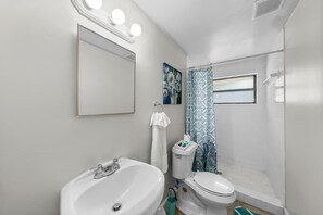 Shower, hair dryer, towels