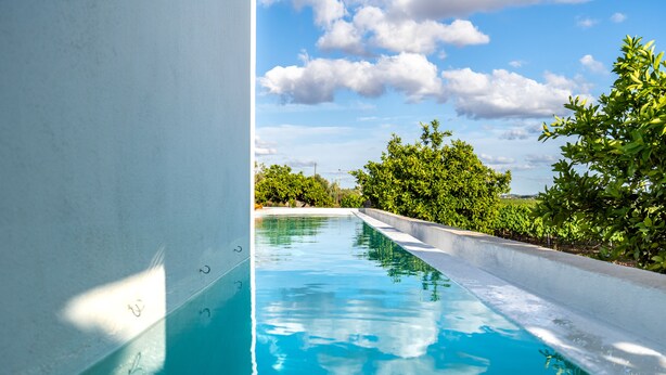 A swimming pool with clear blue water, surrounded by greenery and a clear sky. - Countryside villa in the most magnificent views of Alentejo (Estremoz)