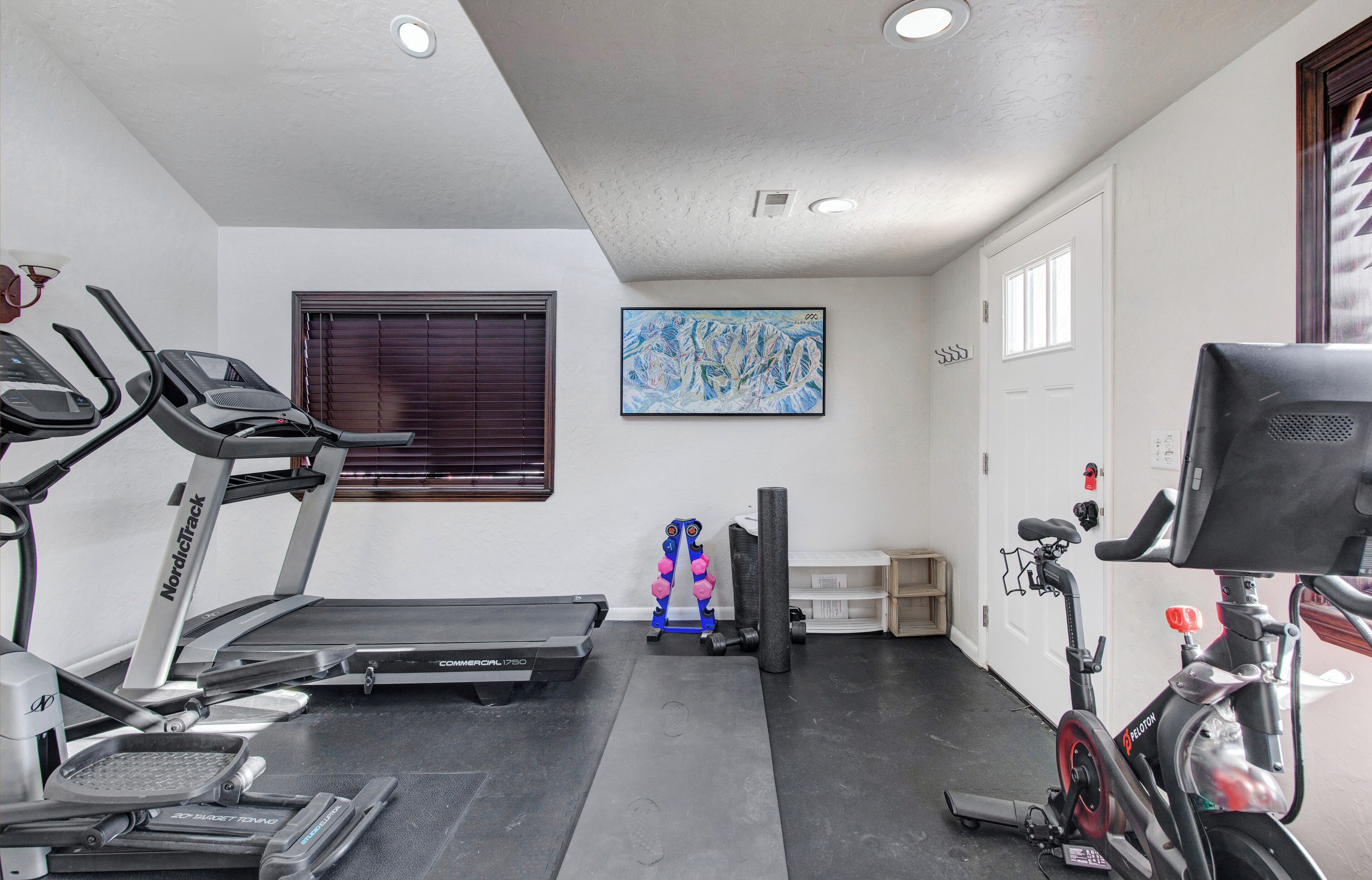 A home gym with treadmills, an elliptical, dumbbells, and a stationary bike.